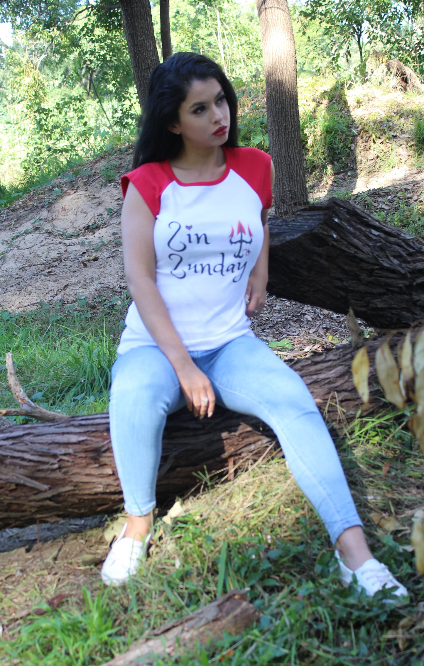 Sin Sunday Designs Ladies red sleeve T-Shirt